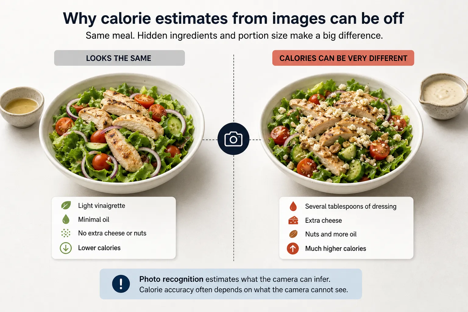 Side-by-side chicken salad bowls showing similar-looking meals with different ingredients and calorie levels.