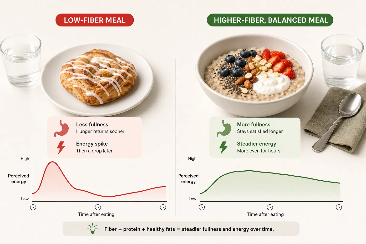 Side-by-side comparison of a low-fiber pastry meal and a higher-fiber oatmeal bowl with energy graphs.