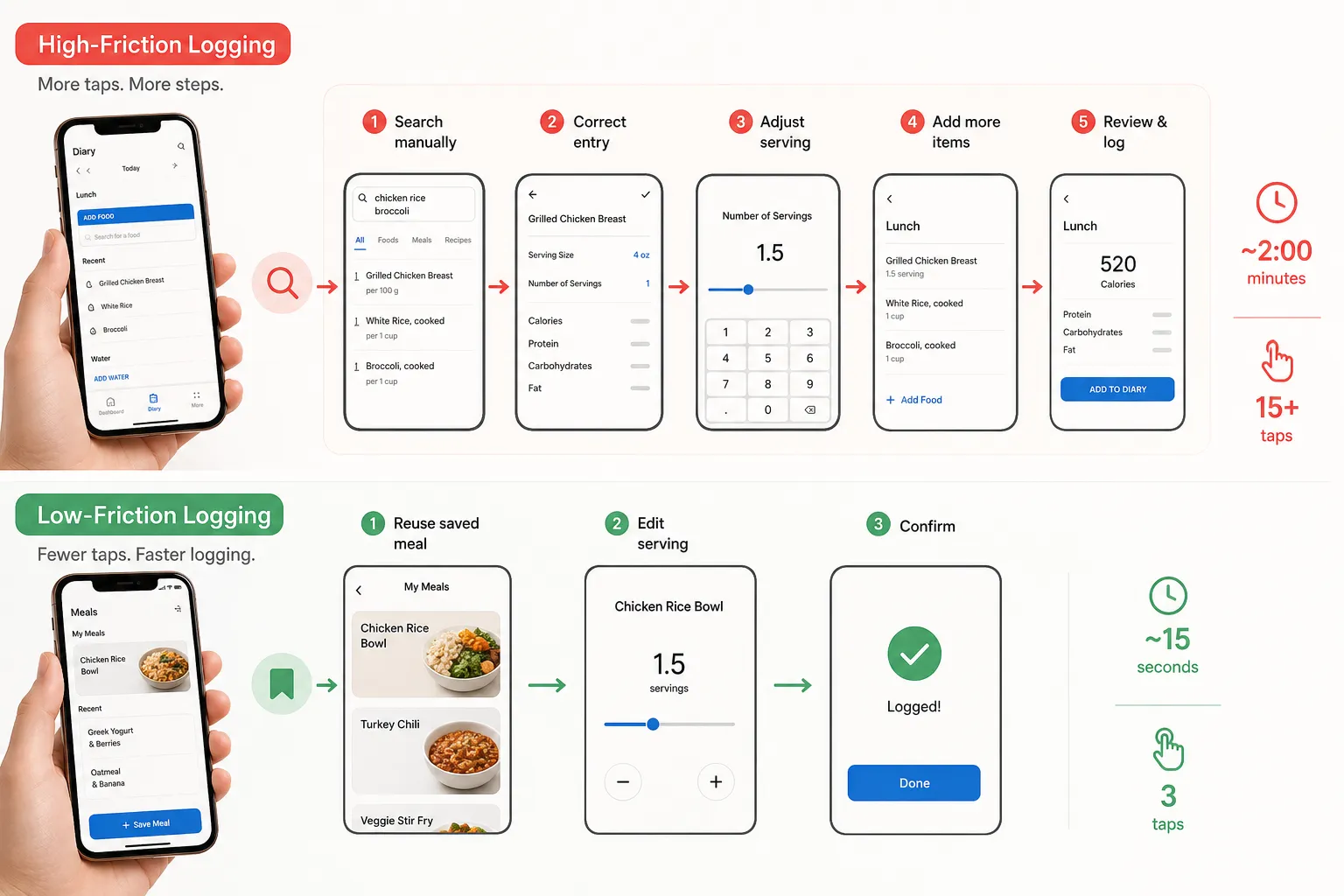 High- and low-friction food logging comparison Side-by-side comparison of high-friction and low-friction food logging on a phone, showing fewer taps with saved meals.