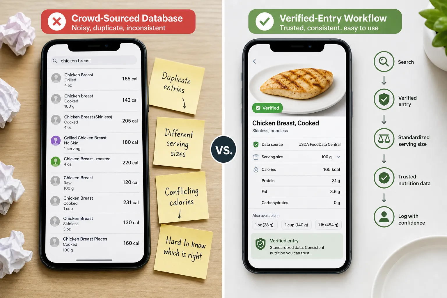 Duplicate entries vs verified nutrition entry Side-by-side phones comparing duplicate chicken breast entries with a verified nutrition entry.