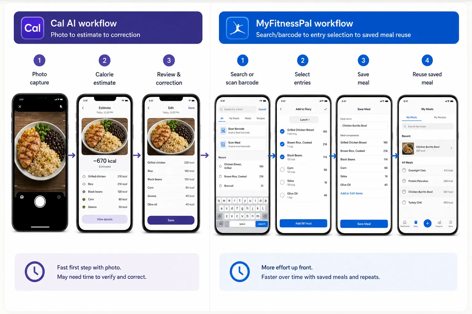 Side-by-side workflow diagram showing Cal AI and MyFitnessPal meal logging steps on phone screens.