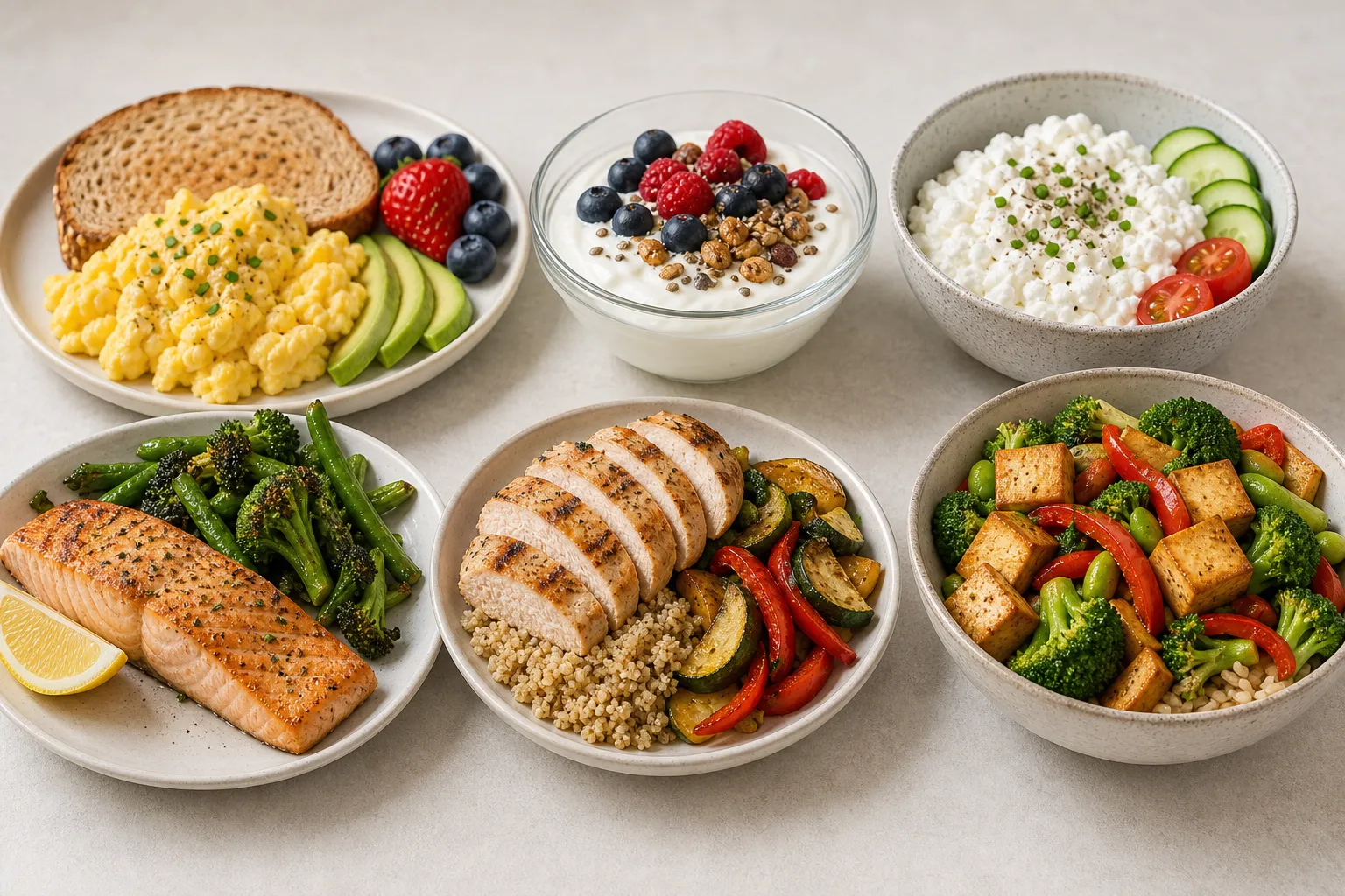 Protein-rich meal bowls and plates Six bowls and plates of protein-rich meals, including eggs, yogurt, cottage cheese, salmon, chicken, and tofu.