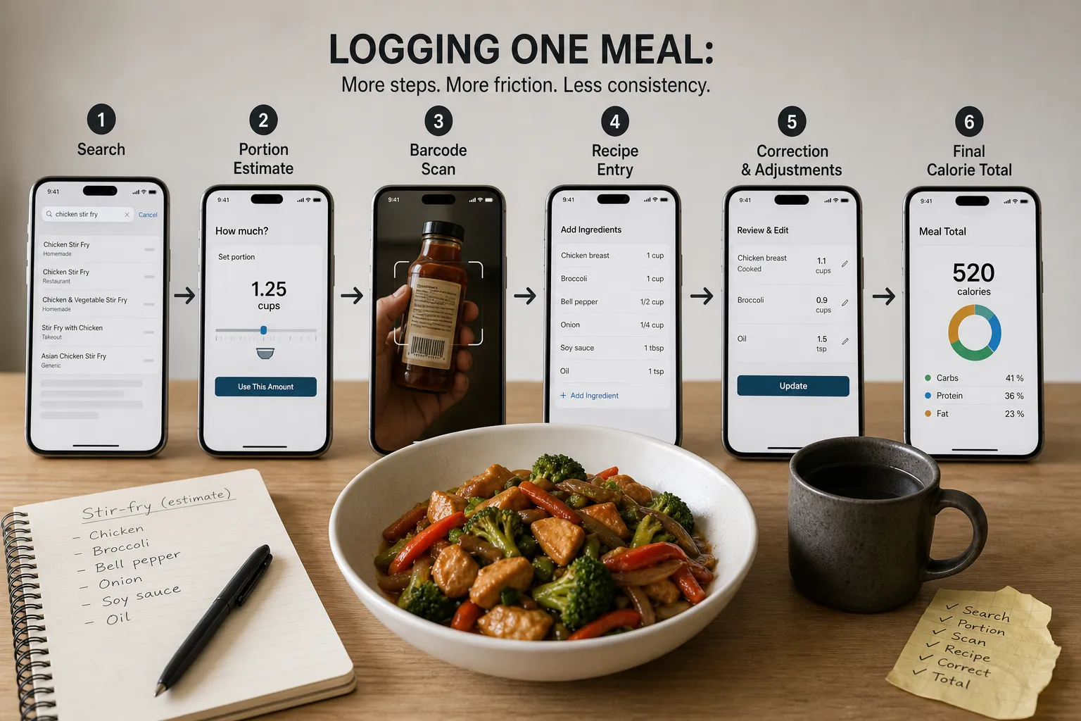 Six phone screens show steps for logging one meal, with a stir-fry bowl and handwritten notes on a table.