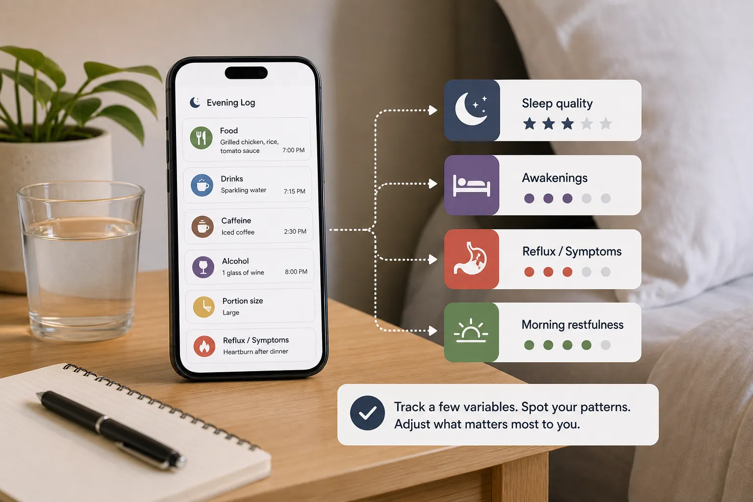 Evening sleep tracking dashboard Smartphone showing an evening log beside cards for sleep quality, awakenings, reflux symptoms, and morning restfulness.