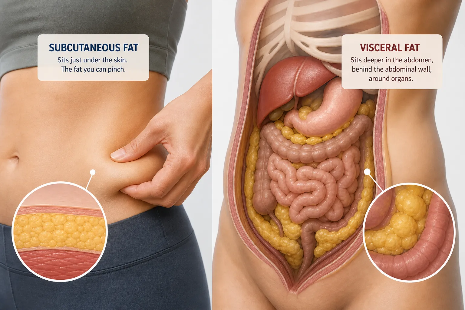 Split anatomical graphic showing subcutaneous fat being pinched and visceral fat surrounding abdominal organs.