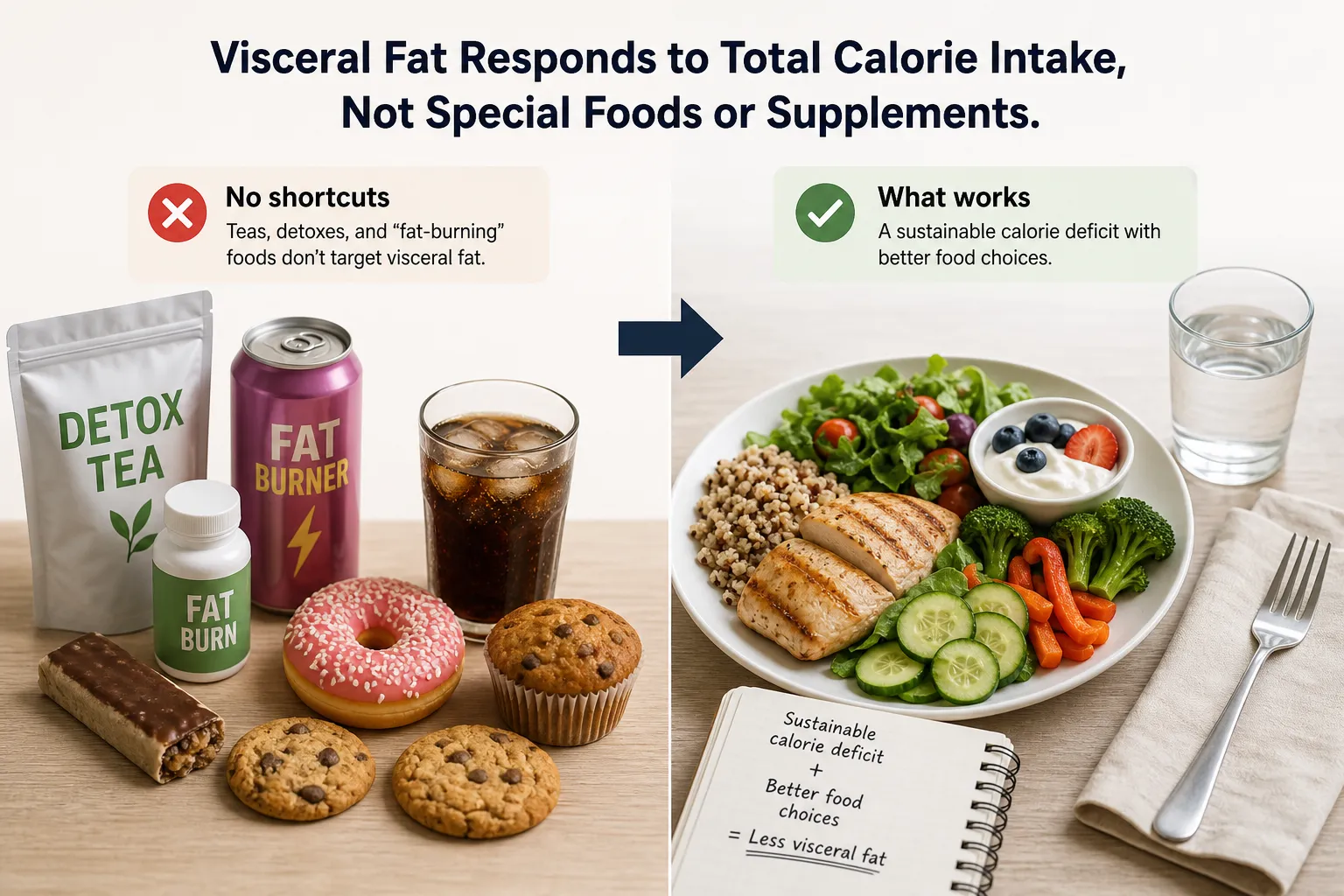 Split display of detox supplements and sweets beside a healthy meal plate and water, separated by an arrow.