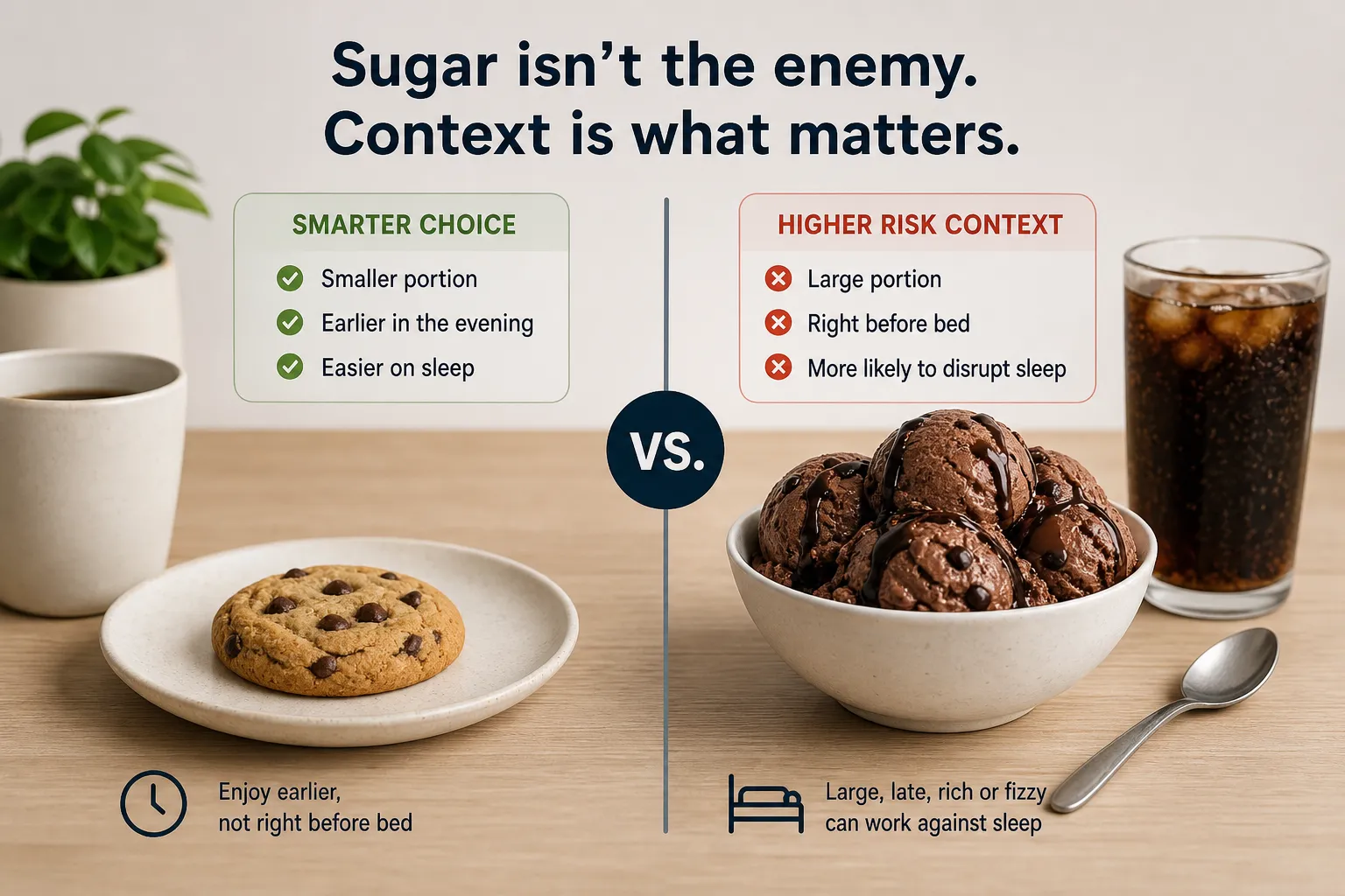 Cookie vs. ice cream and soda comparison Split graphic comparing a cookie and coffee on the left with ice cream and soda on the right.