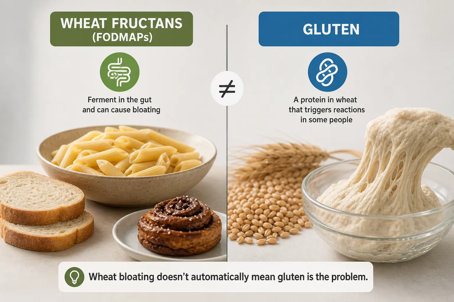 Wheat fructans vs gluten comparison Split graphic comparing wheat fructans and gluten, with bread, pasta, and dough pictured