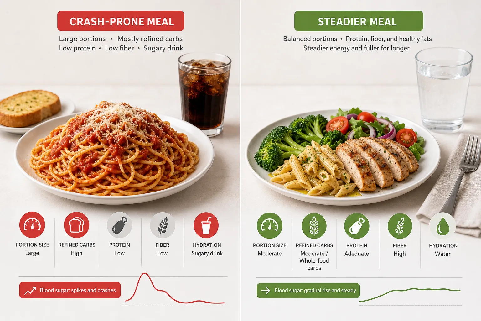 Split infographic comparing a crash-prone meal of spaghetti and soda with a steadier meal of chicken, pasta, and vegetables.