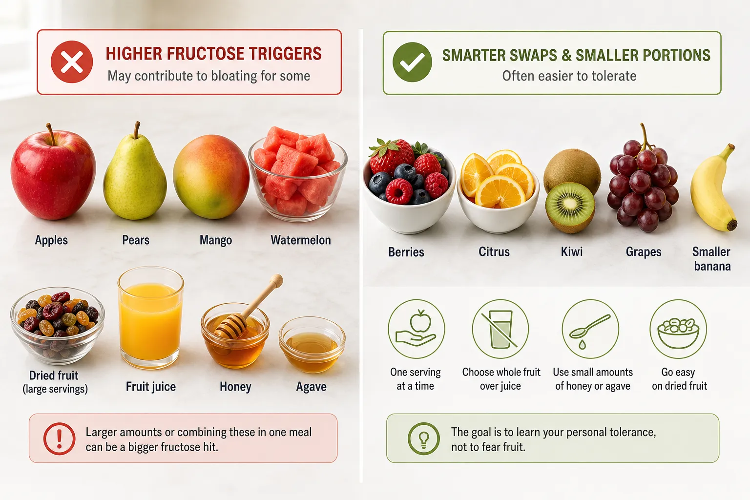 High-fructose foods and simpler fruit swaps infographic Split infographic showing high-fructose fruits and sweeteners versus smaller portions and lower-fructose swaps.