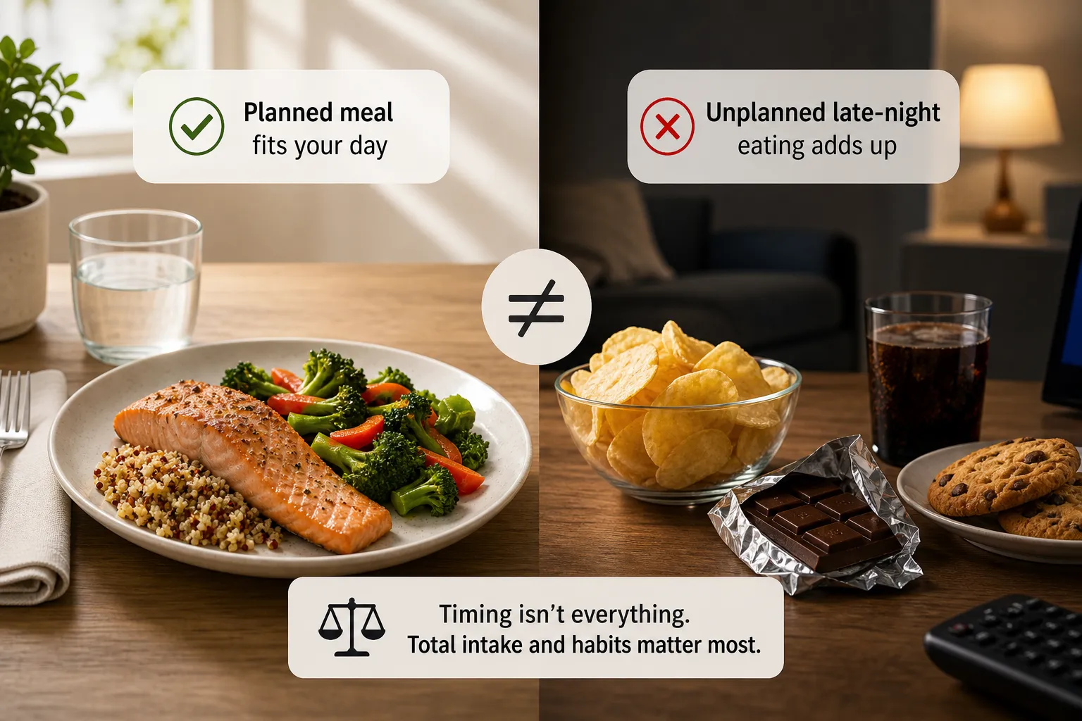 Split scene of a healthy plated dinner beside late-night snacks like chips, chocolate, soda, and cookies.
