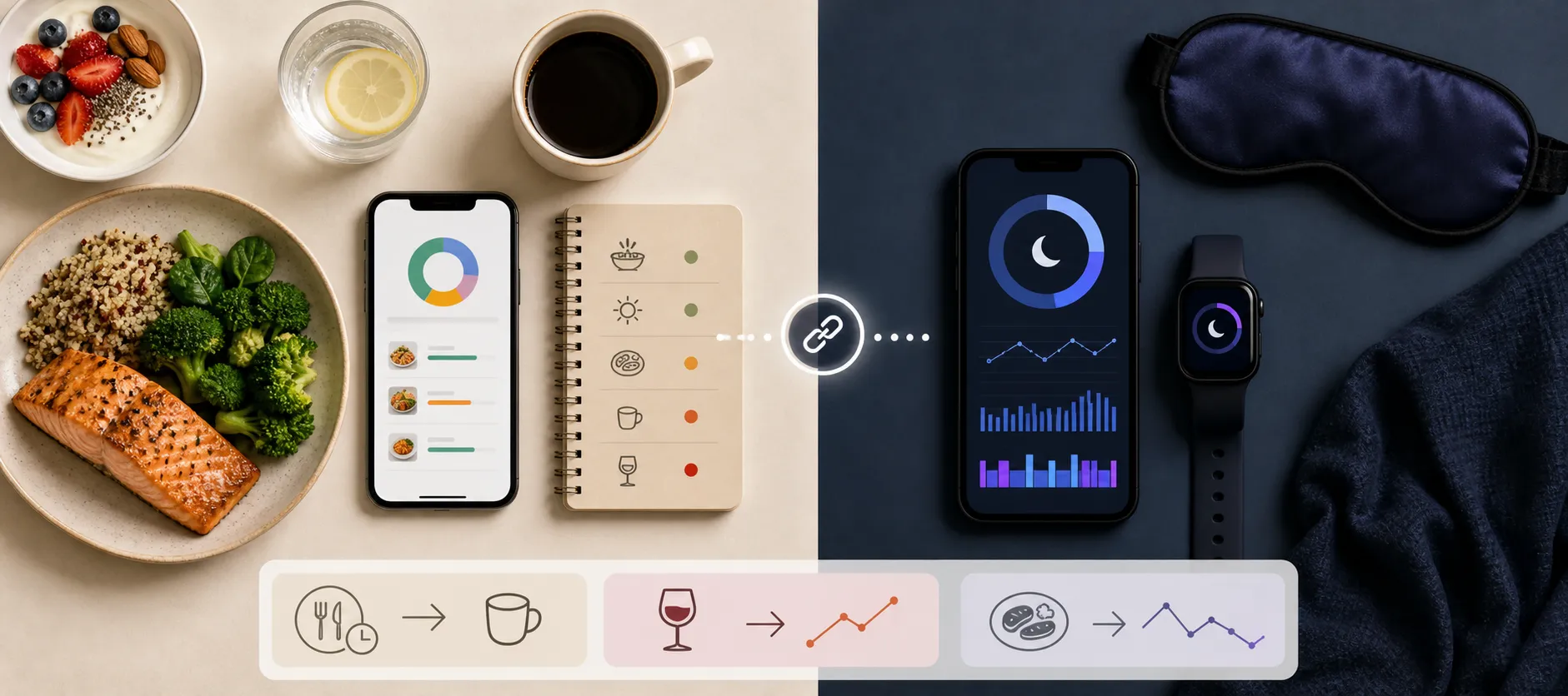 Split scene with meal plates and a food tracking phone on the left, and sleep tracking phone and watch on the right.