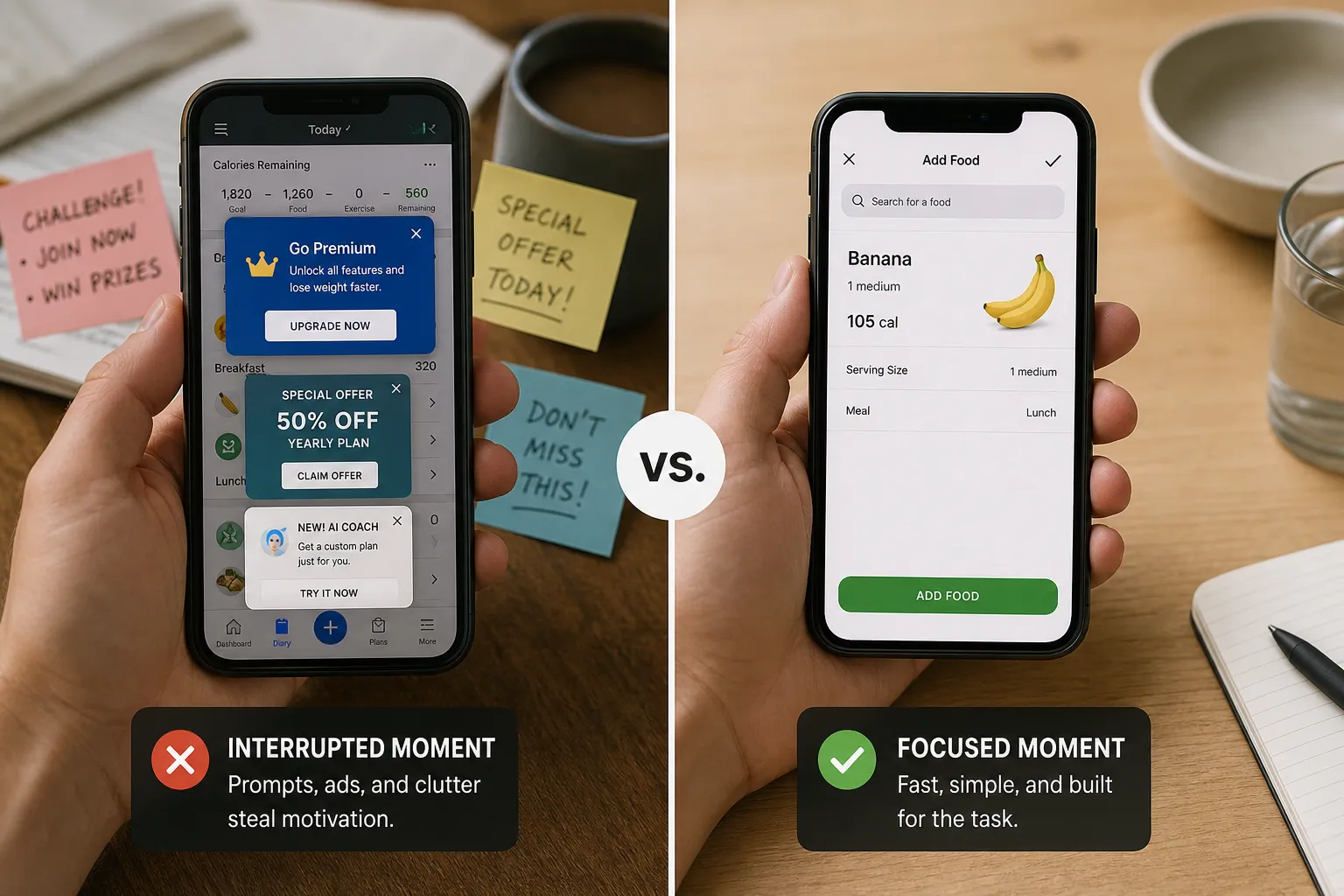 Split-screen showing a cluttered diet app with pop-up offers versus a simple food entry screen.