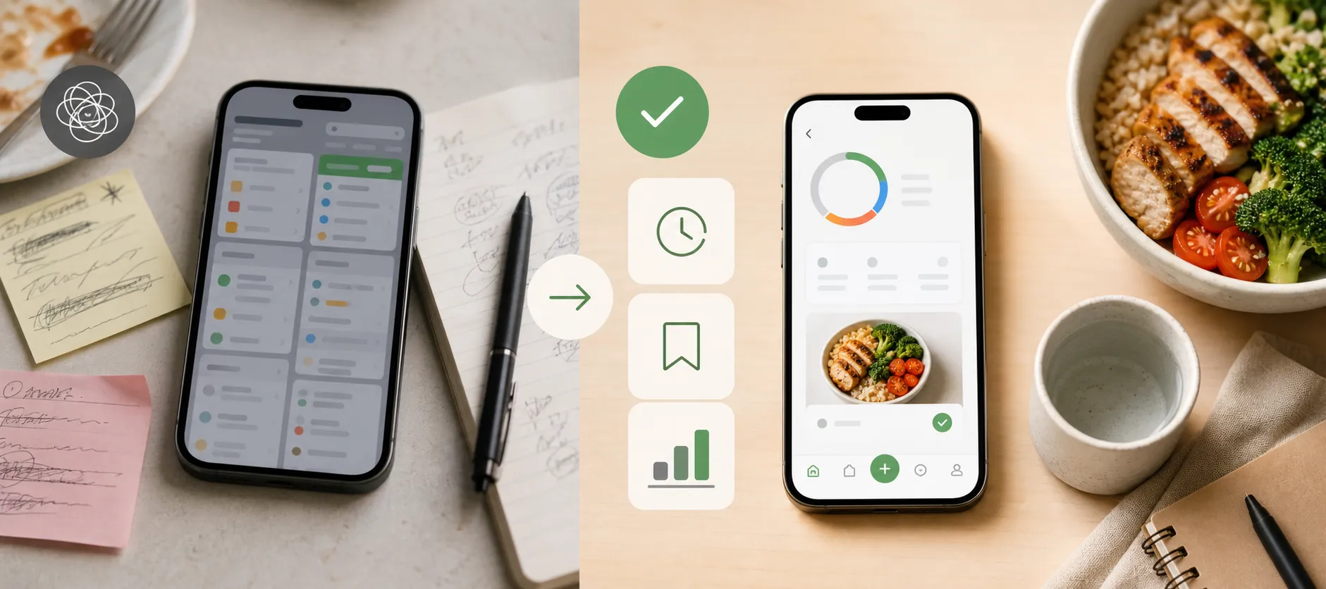 Split-screen with a cluttered calorie app on the left and a simple food logging app on the right