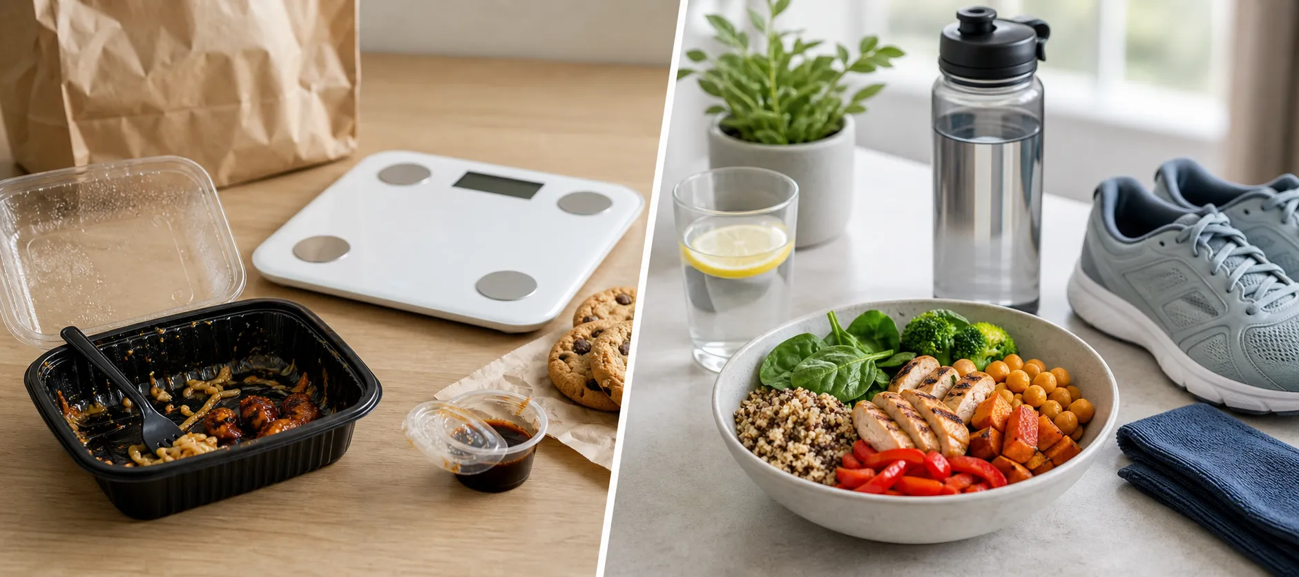 Split view of takeout leftovers and a bathroom scale beside a healthy meal, water, and running shoes