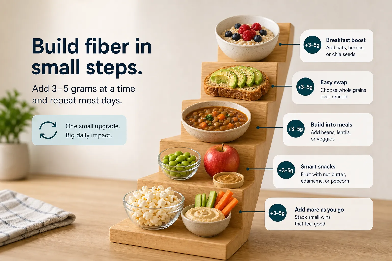 Tiered display of fiber-rich foods like oats, avocado toast, lentils, fruit, popcorn, and vegetables with 3–5 g labels.