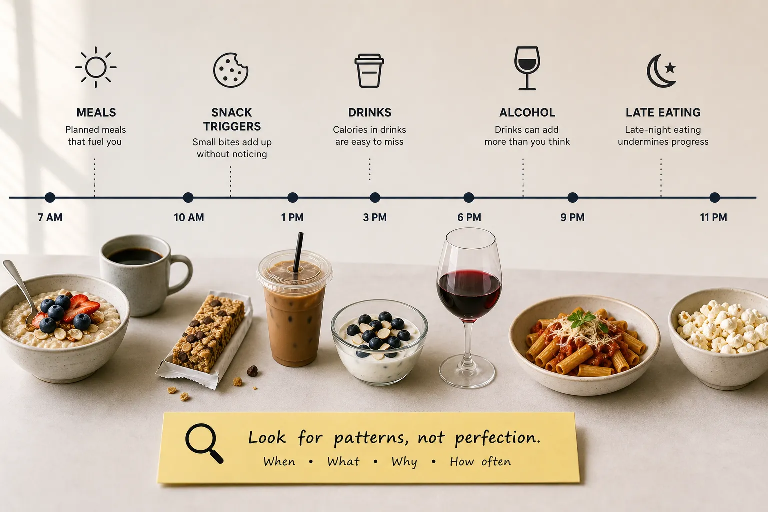 Daily eating timeline with meals and snacks Timeline graphic showing meals, snacks, drinks, alcohol, and late eating with foods arranged below it.