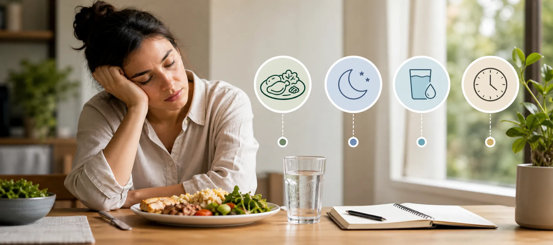 Tired woman rests her head at a table with a plate of food and a glass of water.