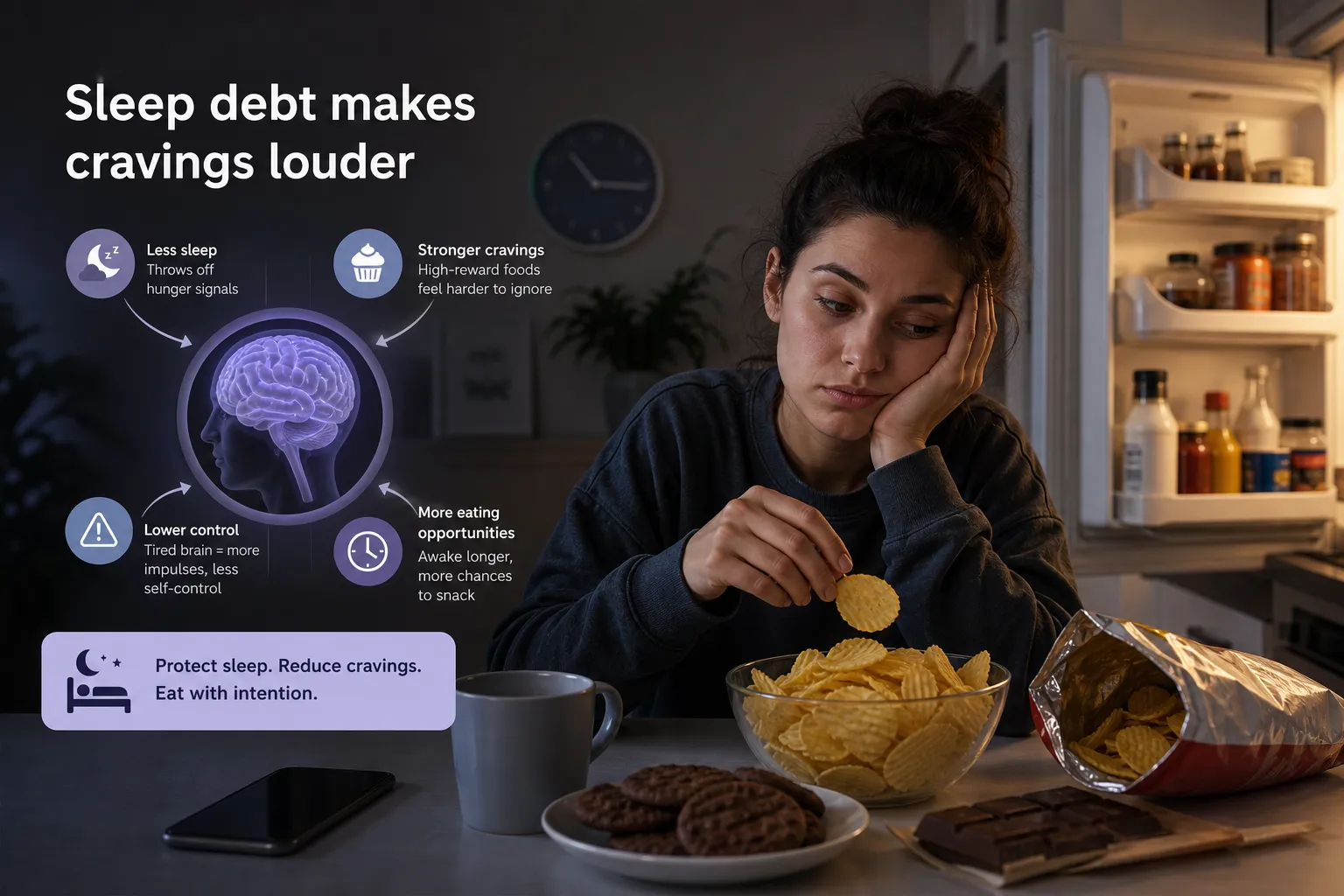 Tired woman sits at a kitchen table eating potato chips beside an open refrigerator and snacks.