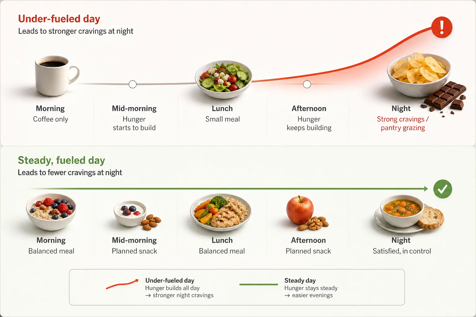 Two-day comparison chart showing under-fueled and steady eating patterns from morning to night.