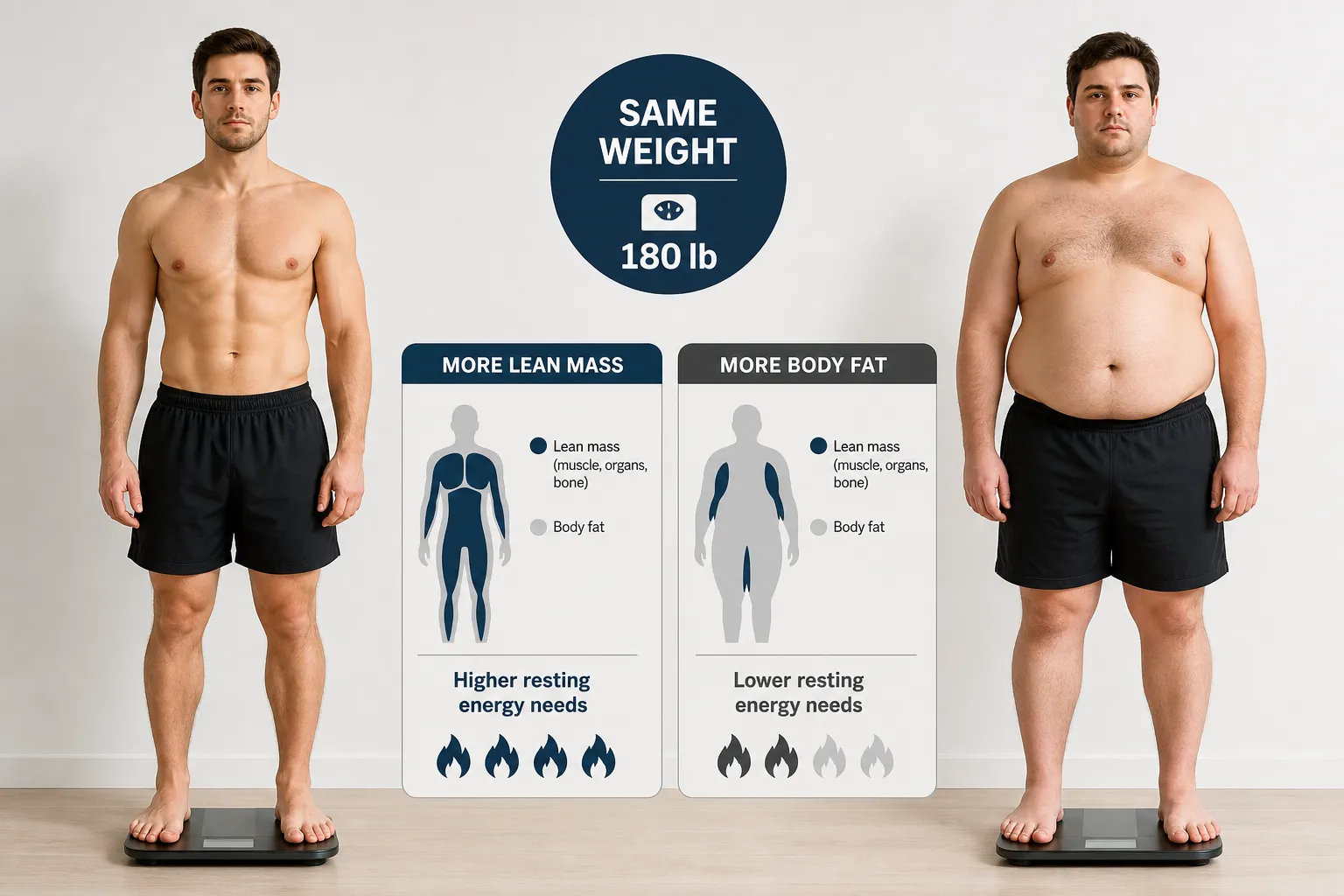 Two men with same weight and different body composition Two men on scales beside a chart showing same weight, more lean mass, and more body fat