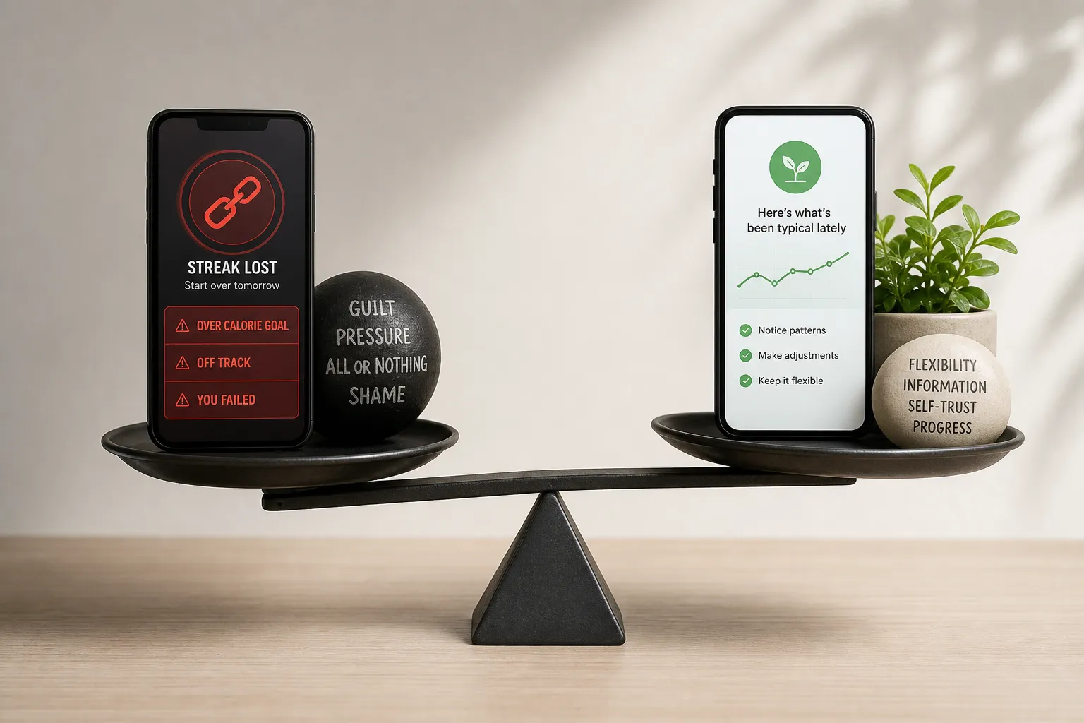 Two phones on a balance scale, one showing streak lost and guilt, the other showing flexible progress.