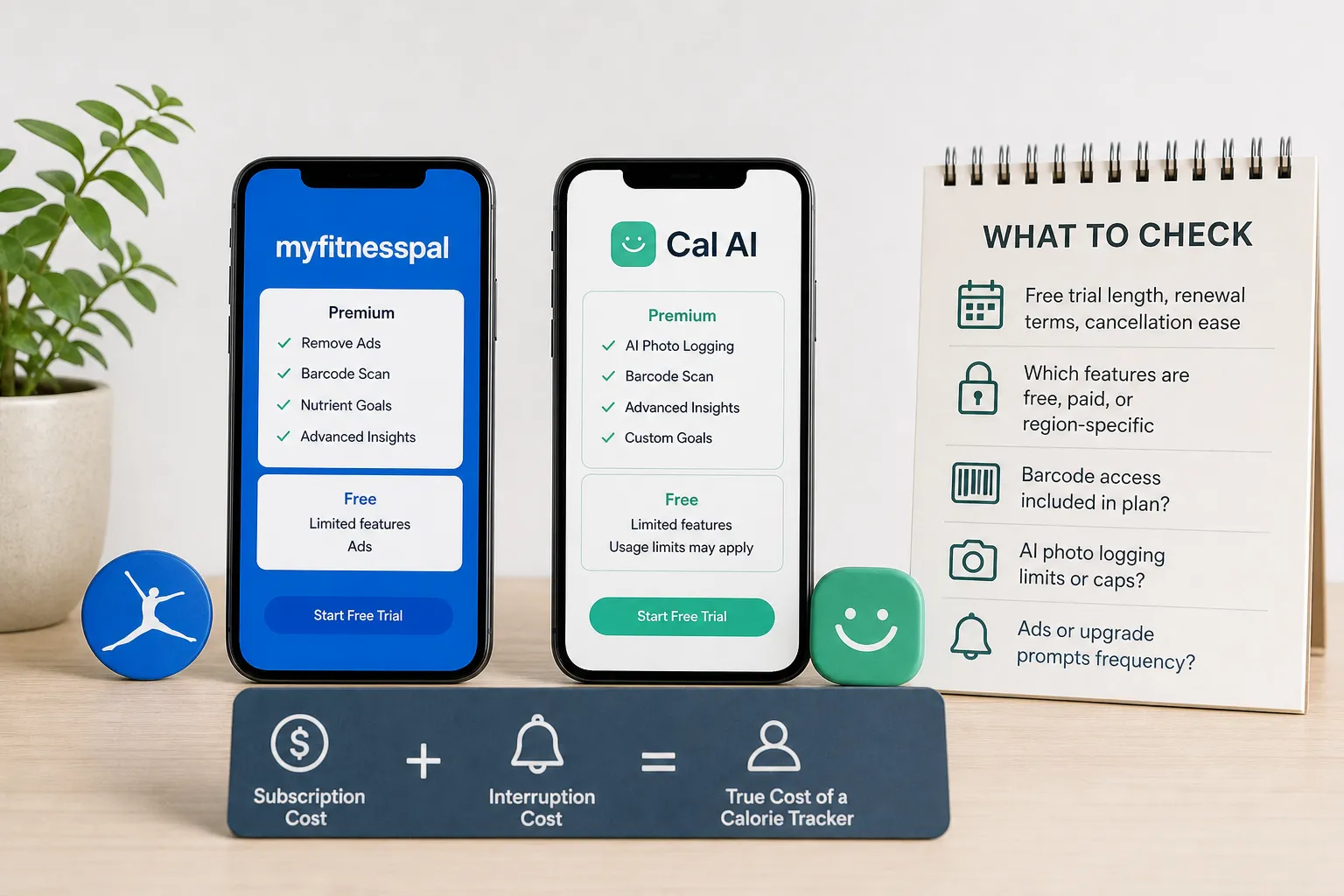 Two smartphones showing MyFitnessPal and Cal AI pricing screens beside a checklist notepad.