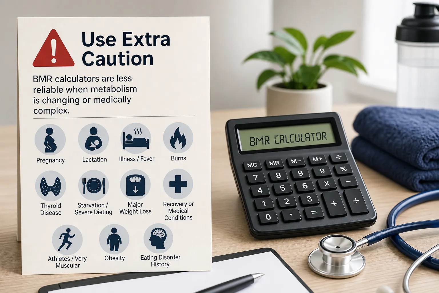 Warning poster beside a BMR calculator, with a stethoscope, towel, and icons for pregnancy, illness, and other conditions.