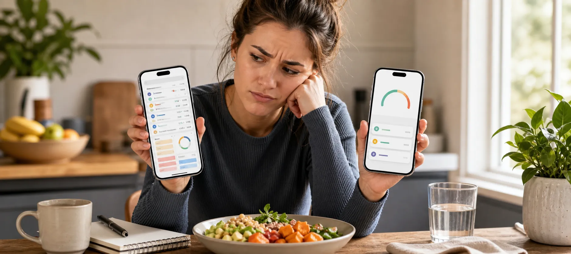 Woman at a table comparing two calorie tracking app screens on smartphones.