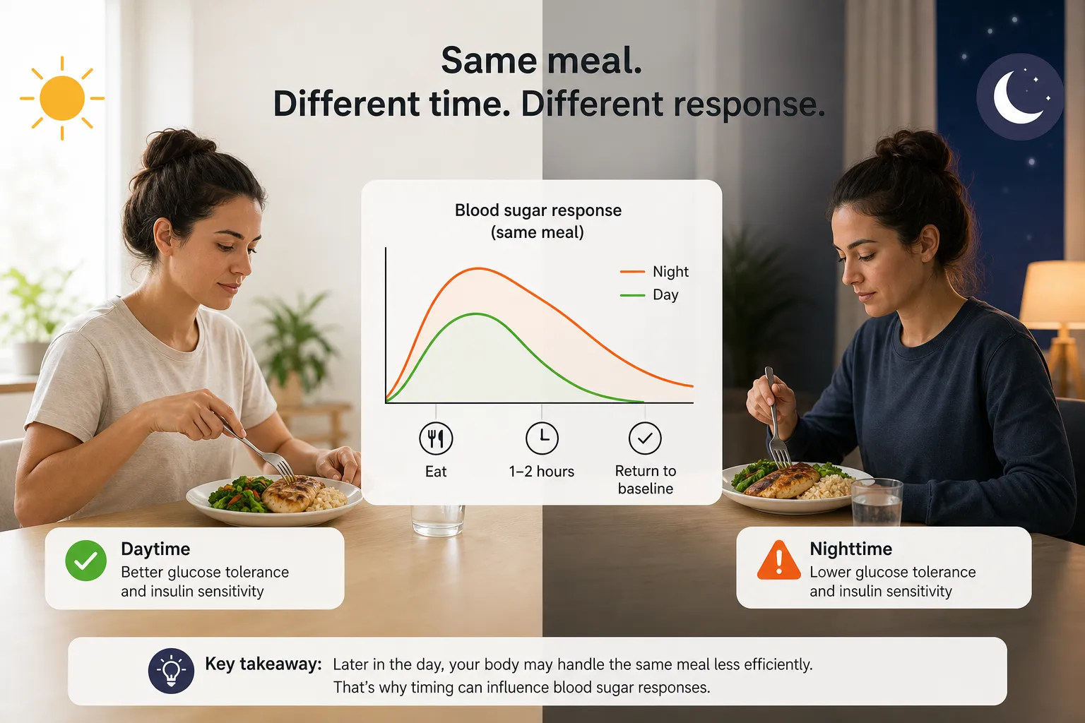 Woman eating dinner shown beside a chart comparing blood sugar response by day and night.
