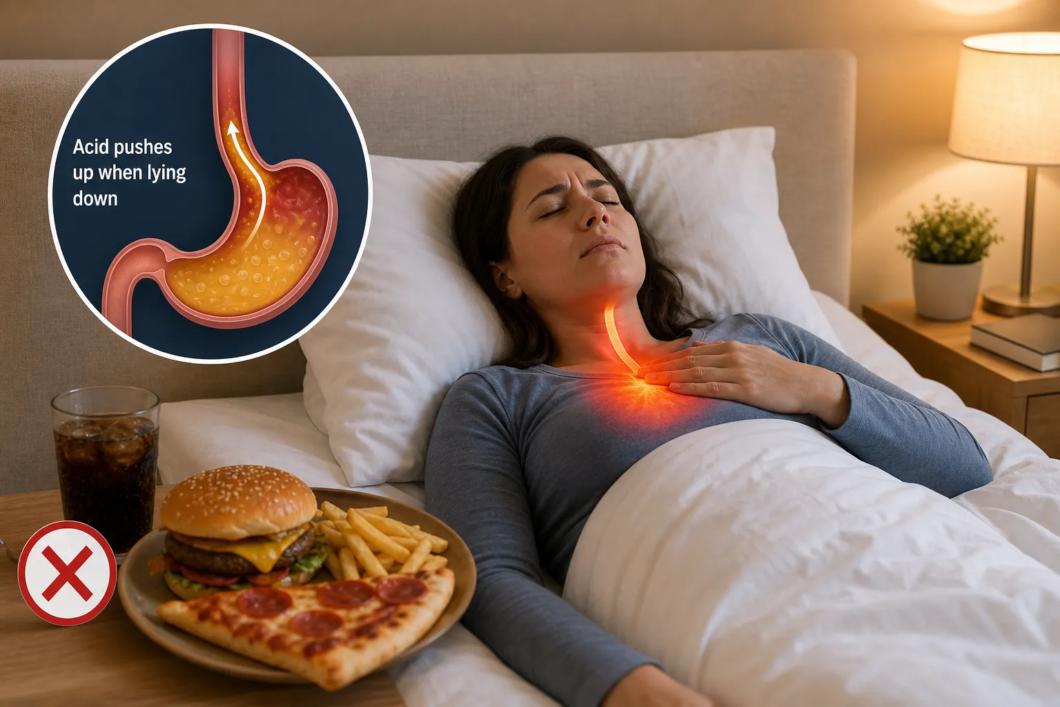 Woman in bed with reflux and junk food Woman lying in bed with chest discomfort beside a plate of pizza, burger, fries, and soda.