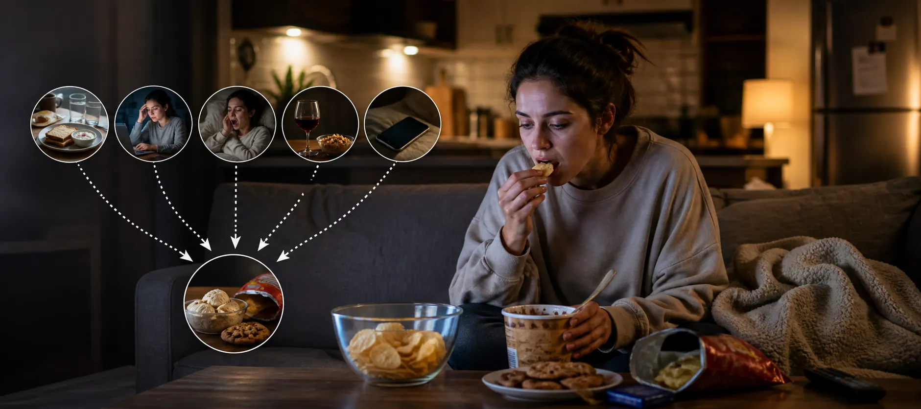 Woman on a couch eating chips while snack bowls and open bags sit in front of her at night