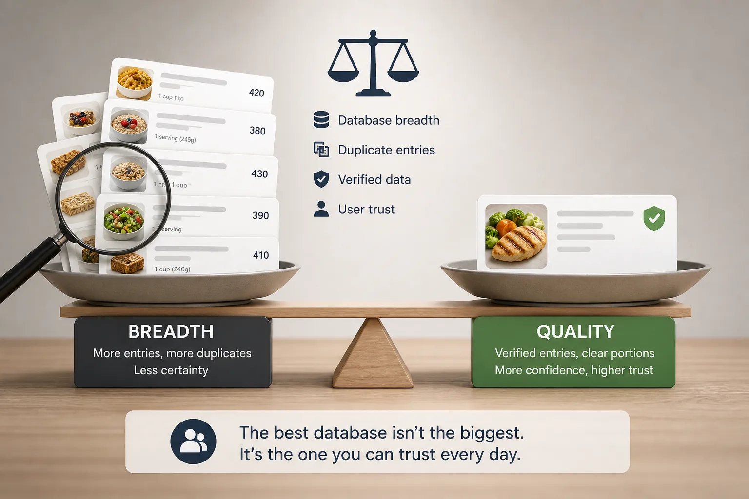 A balance scale compares many food log entries under a magnifying glass with one verified entry.
