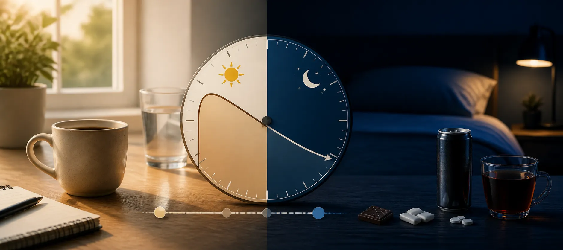 A split-day scene with a coffee cup, clock, and nighttime bed showing caffeine lingering into bed.
