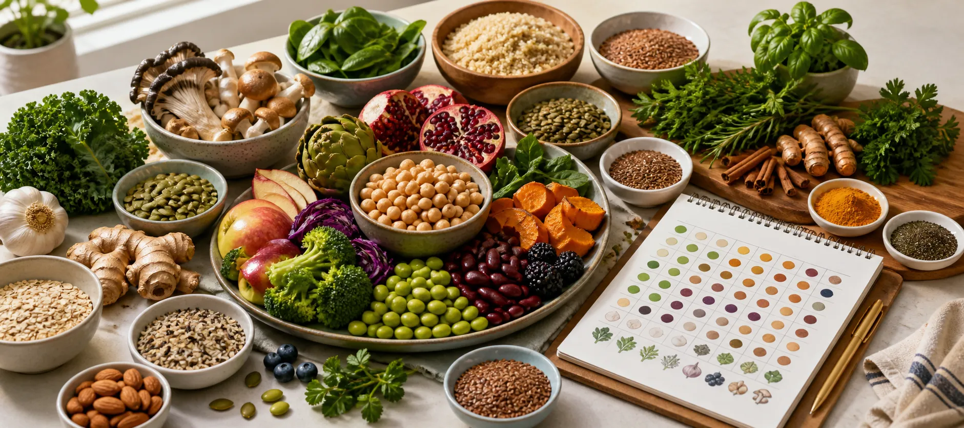 A spread of fruits, vegetables, grains, legumes, nuts, seeds, herbs, and spices beside a plant-count chart