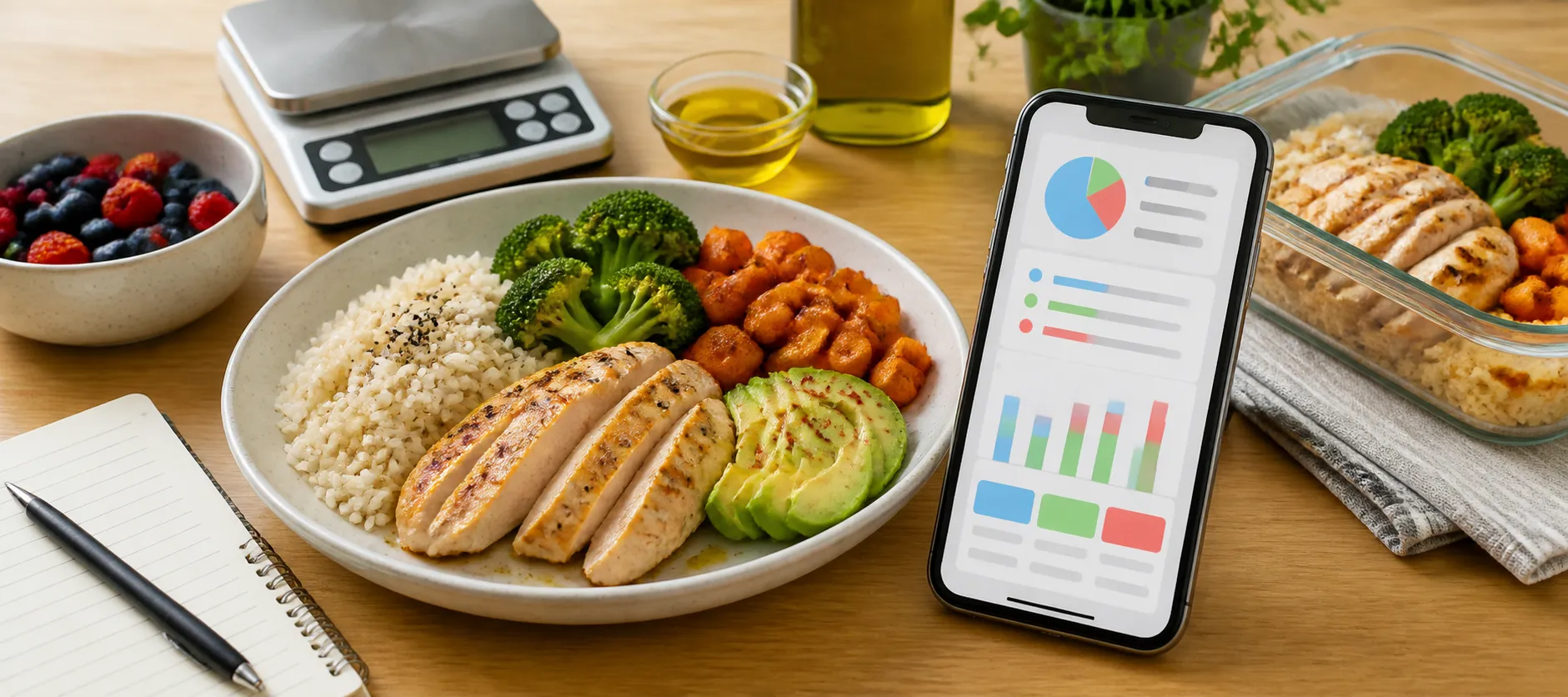 Balanced meal with chicken, rice, broccoli, chickpeas, and avocado beside a phone showing macro charts