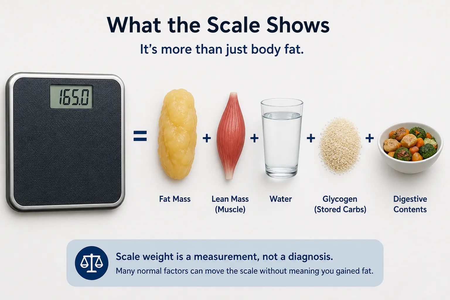 Bathroom scale reading 165.0 beside icons for fat mass, lean mass, water, glycogen, and digestive contents.