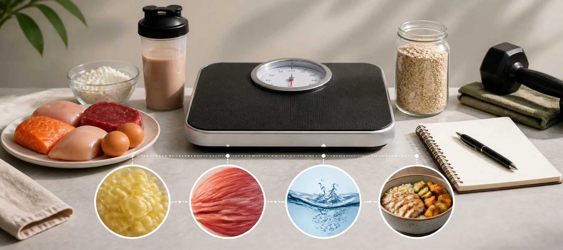 Bathroom scale surrounded by protein foods, a shaker bottle, oats, notebook, and dumbbell