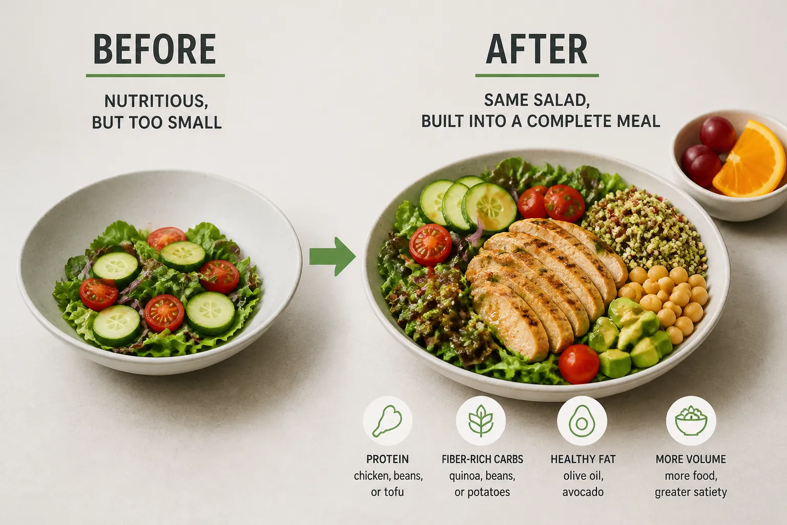 Before-and-after graphic showing a small salad compared with a larger salad bowl with chicken, grains, chickpeas, and avocado.