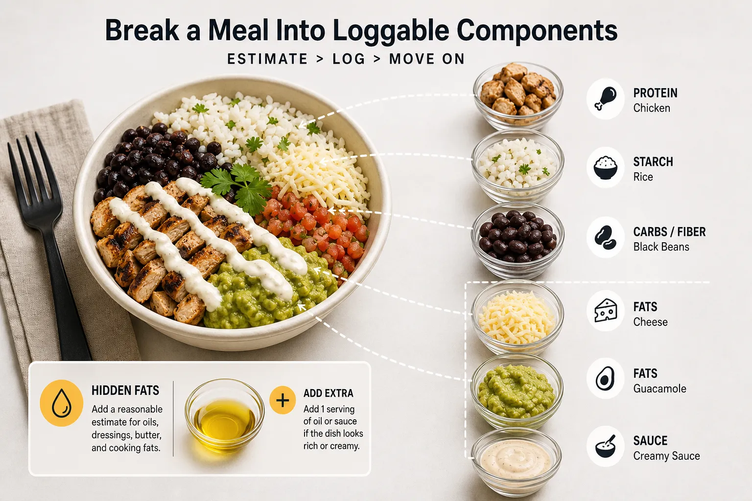 Bowl meal with macro ingredient callouts Bowl of chicken, rice, beans, cheese, salsa, and guacamole with ingredient callouts.