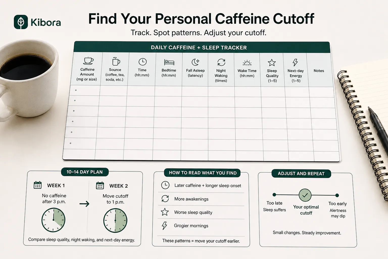Caffeine and sleep tracker worksheet with a coffee cup, notebook, and pen on a desk