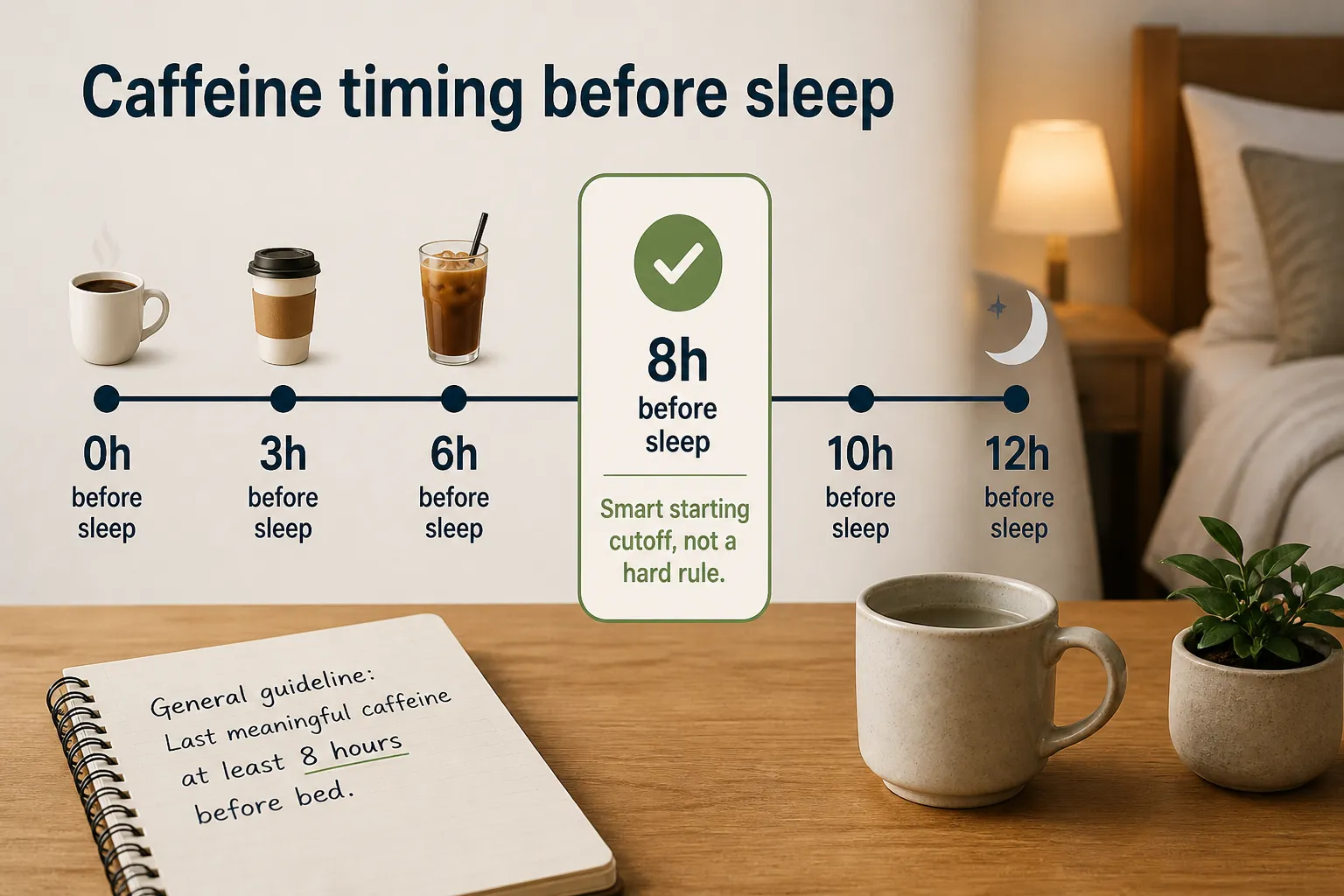 Caffeine timing chart showing coffee at 0h, 3h, 6h, 8h, 10h, and 12h before sleep.