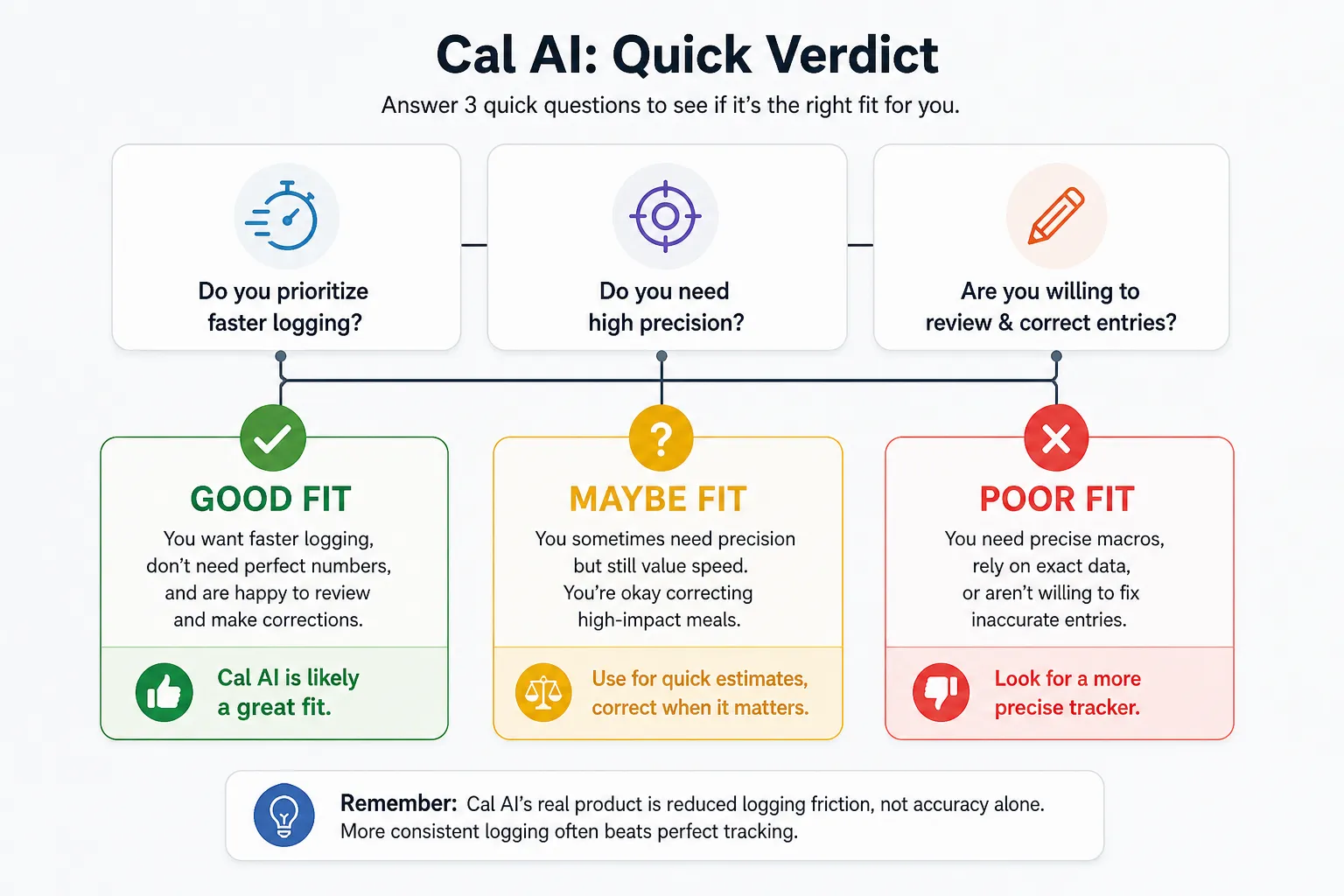 Cal AI quick verdict chart with three questions and green, yellow, and red fit boxes