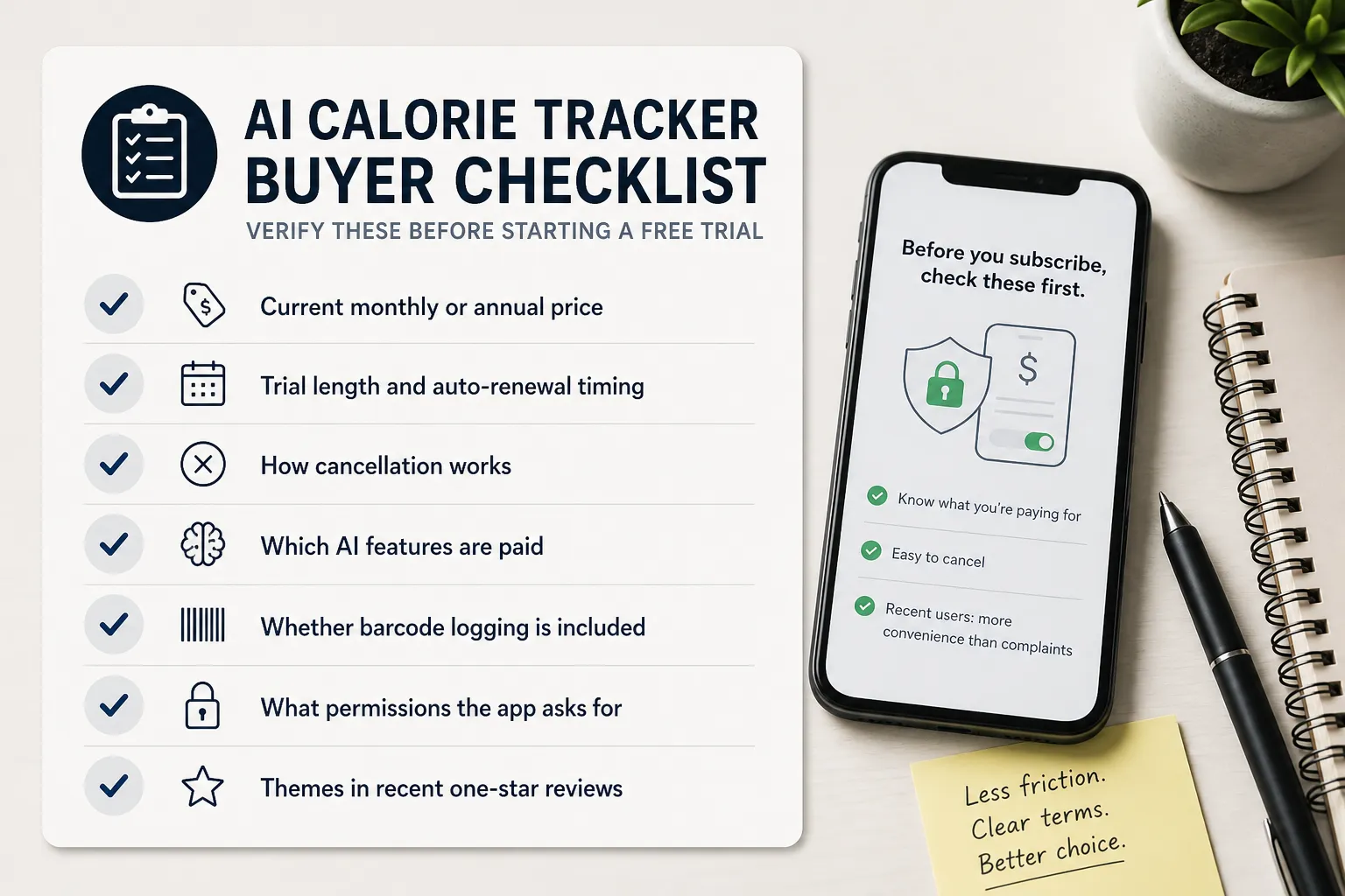 Checklist graphic beside a phone about AI calorie tracker pricing, trials, permissions, and reviews.