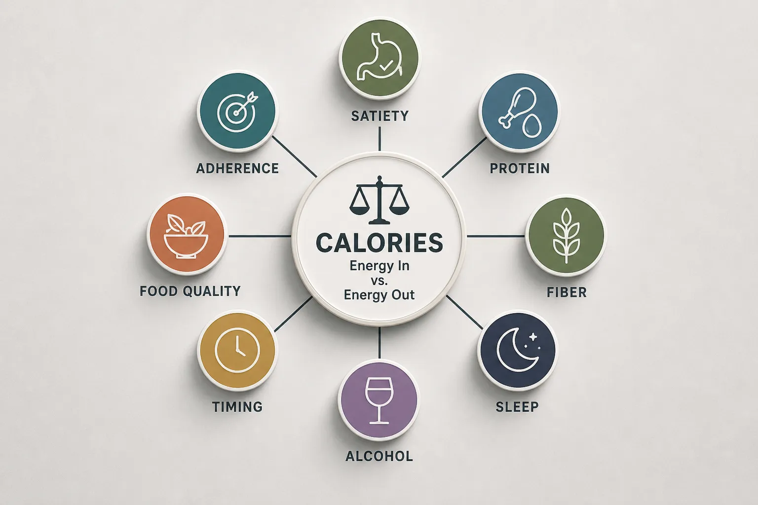 Calories and related factors diagram Circular diagram showing calories at center with labels for satiety, protein, fiber, sleep, alcohol, timing, food quality, and adherence.
