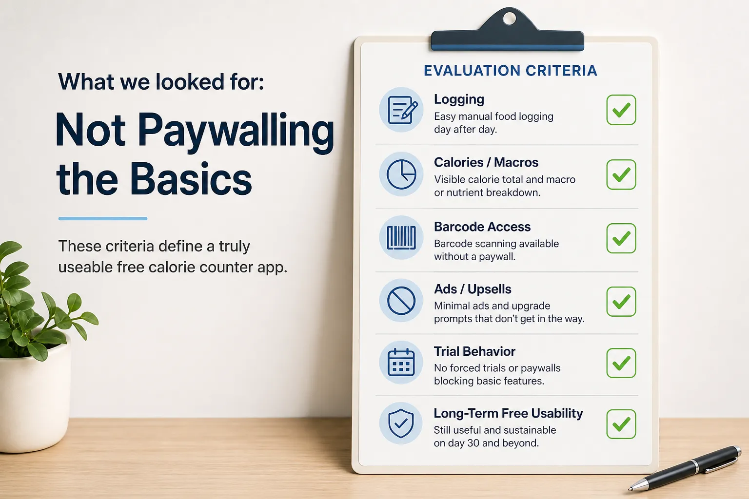 Clipboard checklist headed “Evaluation Criteria” beside text reading “Not Paywalling the Basics.”