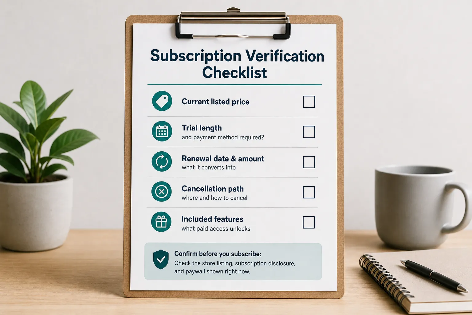 Clipboard with a subscription verification checklist beside a plant, mug, notebook, and pen.
