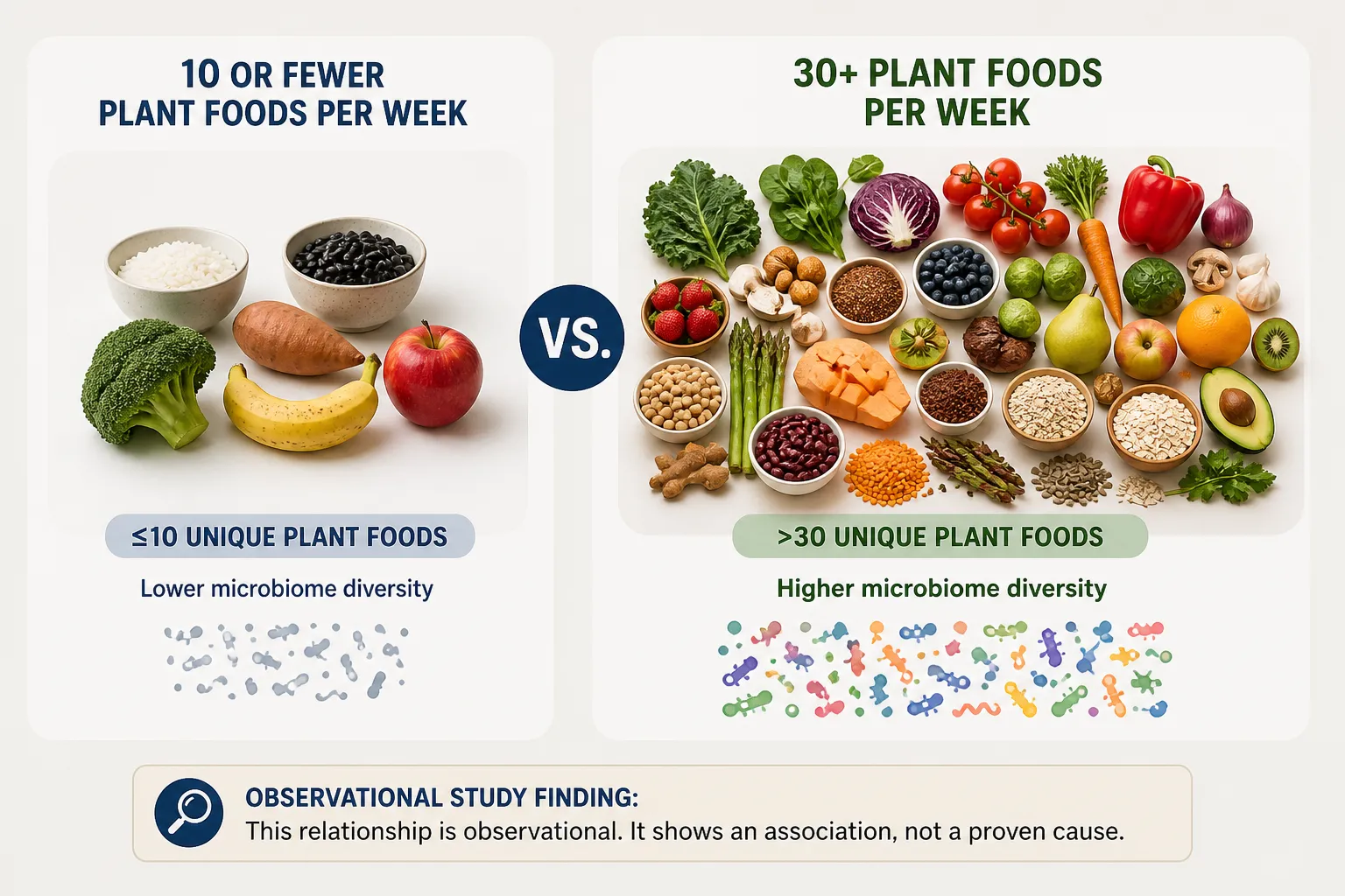 Comparison chart of 10 or fewer versus 30+ plant foods per week with produce and microbiome icons
