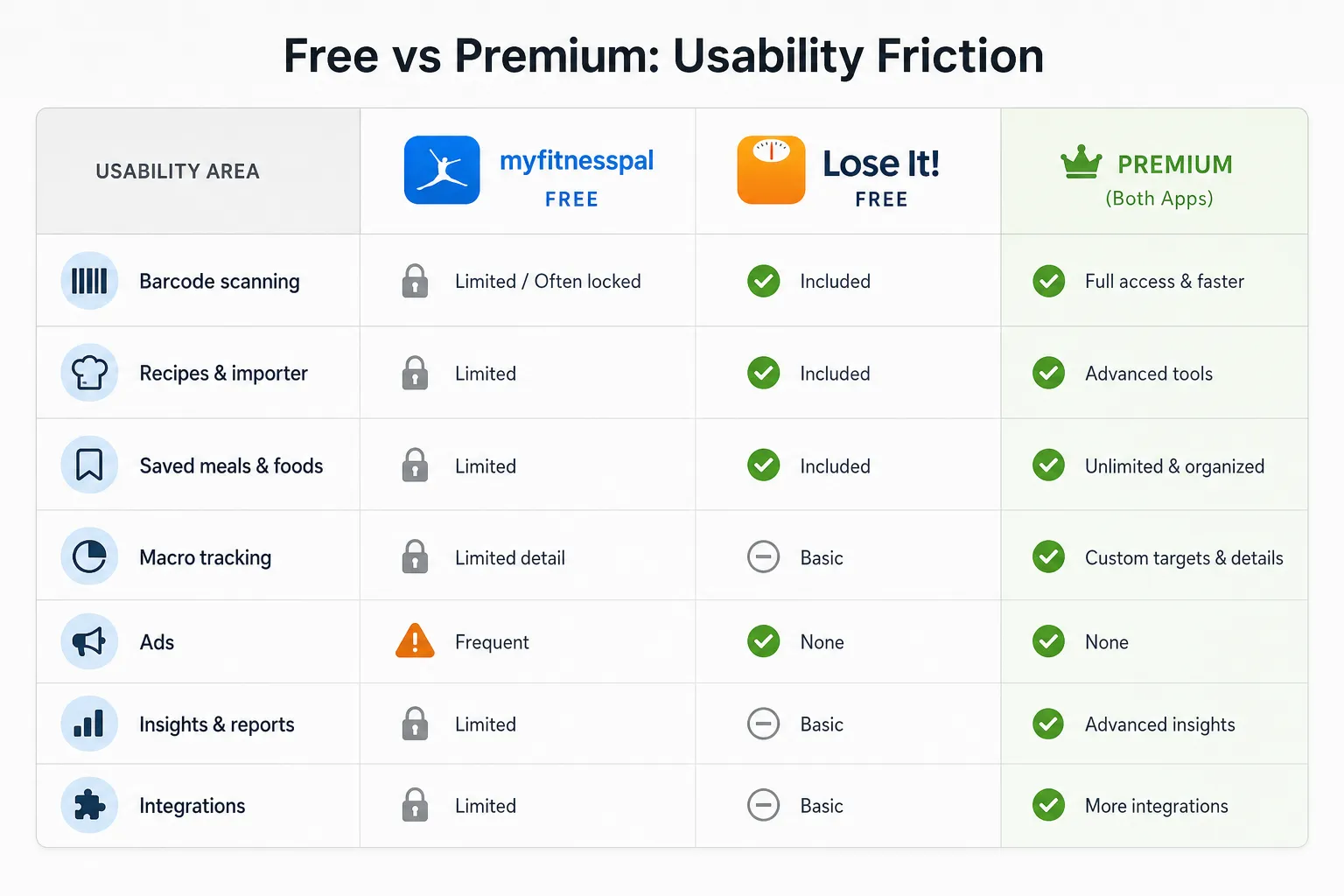 Comparison chart of free and premium features for MyFitnessPal and Lose It!
