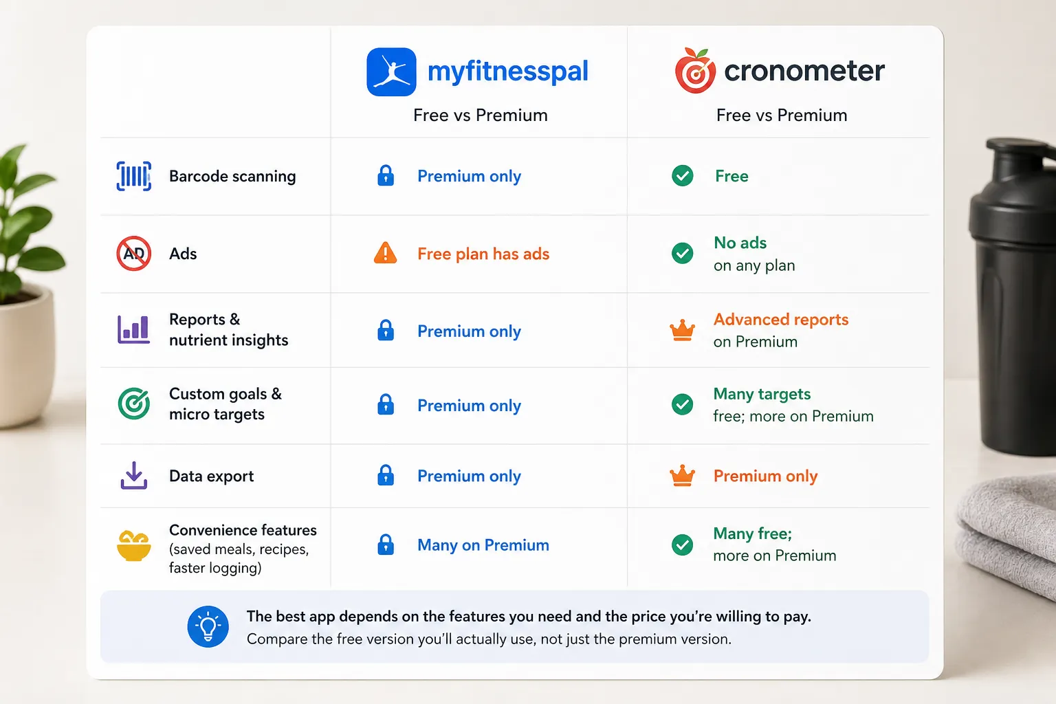 MyFitnessPal vs Cronometer feature comparison chart Comparison chart of MyFitnessPal and Cronometer free vs premium features